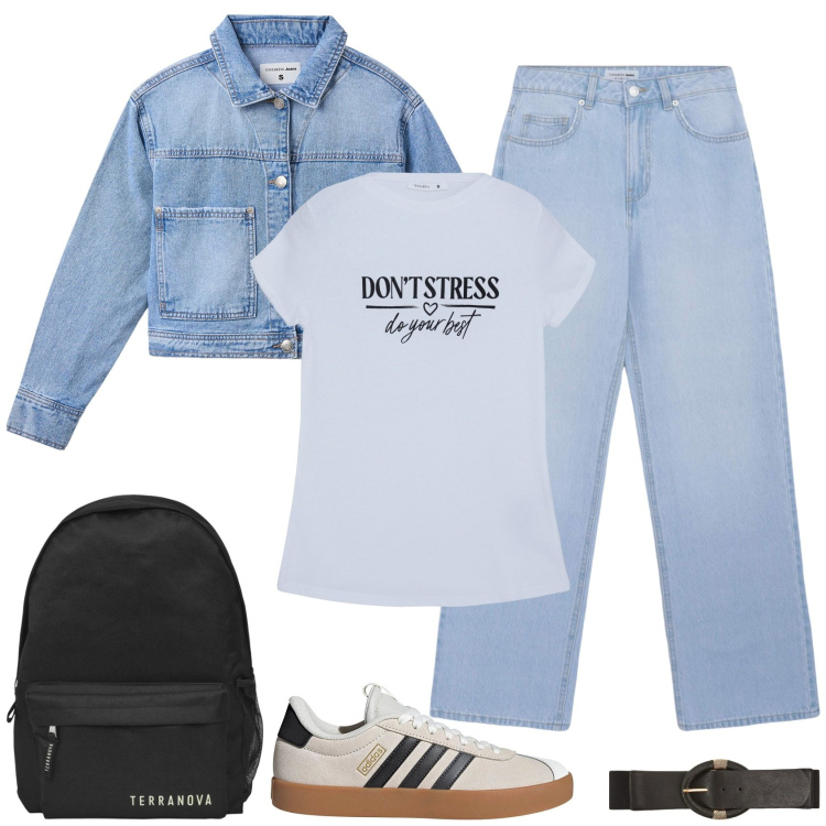 Outfit donna - Back to school but don\'t stress!. Stile Casual chic per Scuola/Università. Abbinamento con t-shirt, cinture, jeans, cappotti, zaini, sneakers.