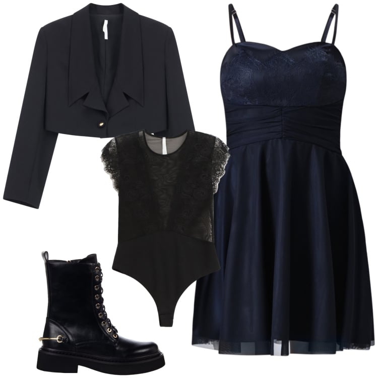 Outfit donna - Abito scollato in montagna. Stile Glamour per Serata fuori. Abbinamento con vestiti corti, anfibi, body, blazer.