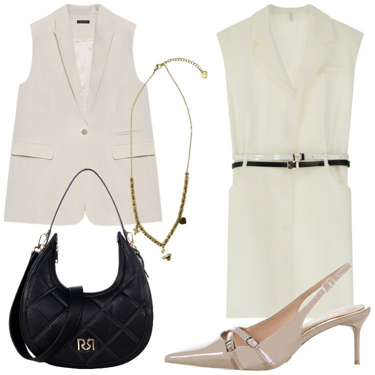 Outfit donna - Gilet lungo su abiti corti. Stile Trendy per Ufficio. Abbinamento con décolleté, borse a tracolla, vestiti corti, ciondoli, gilet.