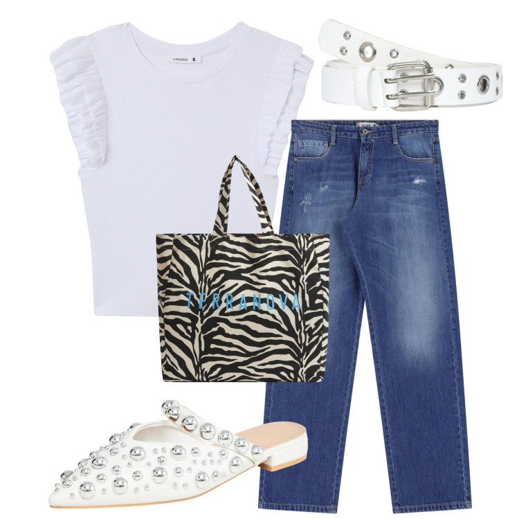 Outfit donna - Per il giorno. Stile Casual per Tutti i giorni. Abbinamento con borse tote, ballerine, cinture, t-shirt, jeans dritti.