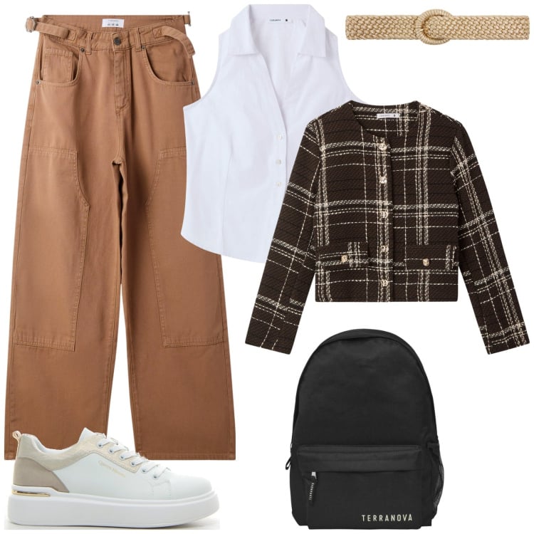 Outfit donna - Casual chic a scuola. Stile Casual chic per Scuola/Università. Abbinamento con blazer, pantaloni, cinture, camicie, zaini, sneakers.