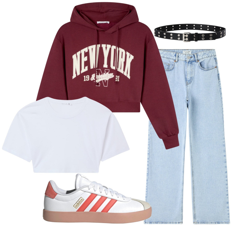 Outfit donna - Total look #2232845. Stile Basic per Scuola/Università. Abbinamento con jeans, cinture, felpe con cappuccio, t-shirt, sneakers.