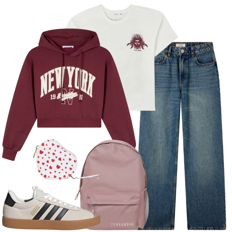 Outfit donna - Back to school casual soul. Stile Casual per Scuola/Università. Abbinamento con jeans, portafogli, felpe con cappuccio, t-shirt, zaini, sneakers.
