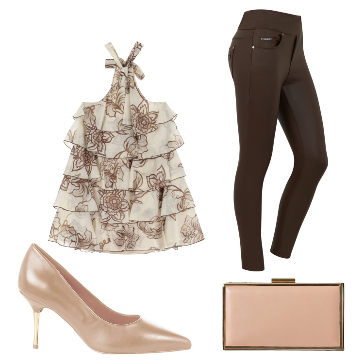 Outfit donna - Aperitivo con le amiche. Stile Casual chic per Serata fuori. Abbinamento con décolleté, pochette, vestiti corti, jeans skinny.