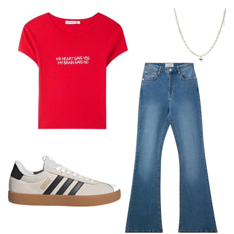 Outfit donna - Back to school. Stile Urban per Scuola/Università. Abbinamento con t-shirt, collane, jeans a zampa, sneakers.