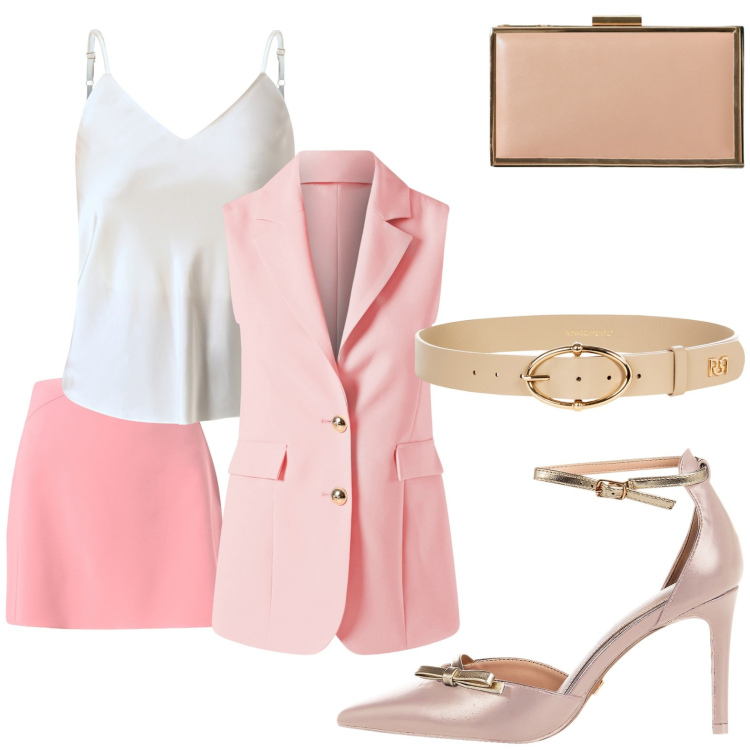 Outfit donna - Pink lady. per Ufficio. Abbinamento con top, décolleté, pochette, minigonne, cinture, gilet.