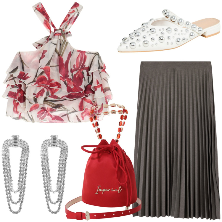 Outfit donna - Sere d\'estate. Stile Chic per Serata fuori. Abbinamento con ballerine, orecchini, gonne lunghe, borse a secchiello, canottiere.