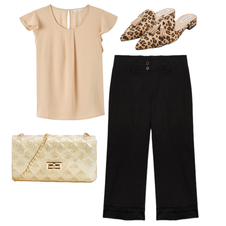 Outfit donna - Qualcosa di chic. Stile Bon Ton per Tutti i giorni. Abbinamento con bluse, borse a tracolla, sabot, pantaloni.