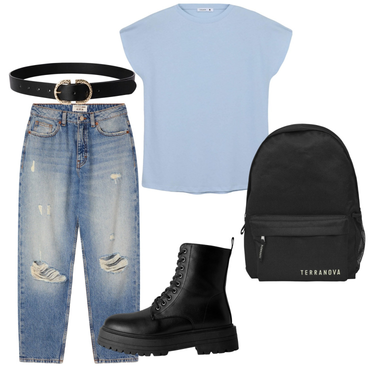 Outfit donna - Terranova - Back To School. Stile Casual per Scuola/Università. Abbinamento con anfibi, jeans mom, zaini, cinture, t-shirt.