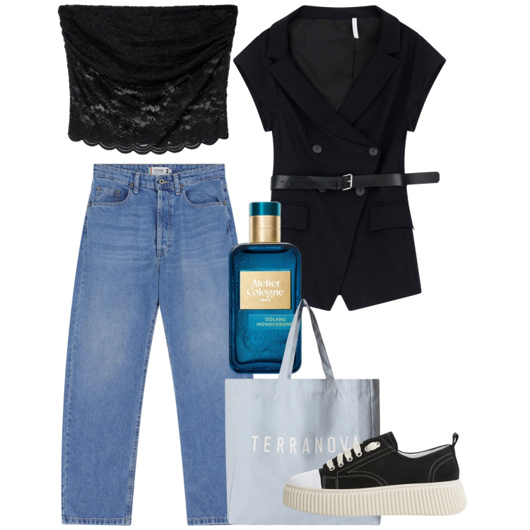 Outfit donna - Agosto. Stile Casual chic per Tutti i giorni. Abbinamento con profumi, borse tote, top, jeans, sneakers, blazer.