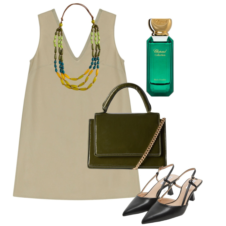 Outfit donna - Agosto in città. Stile Chic per Tutti i giorni. Abbinamento con profumi, sabot, borse a tracolla, vestiti corti, collane.