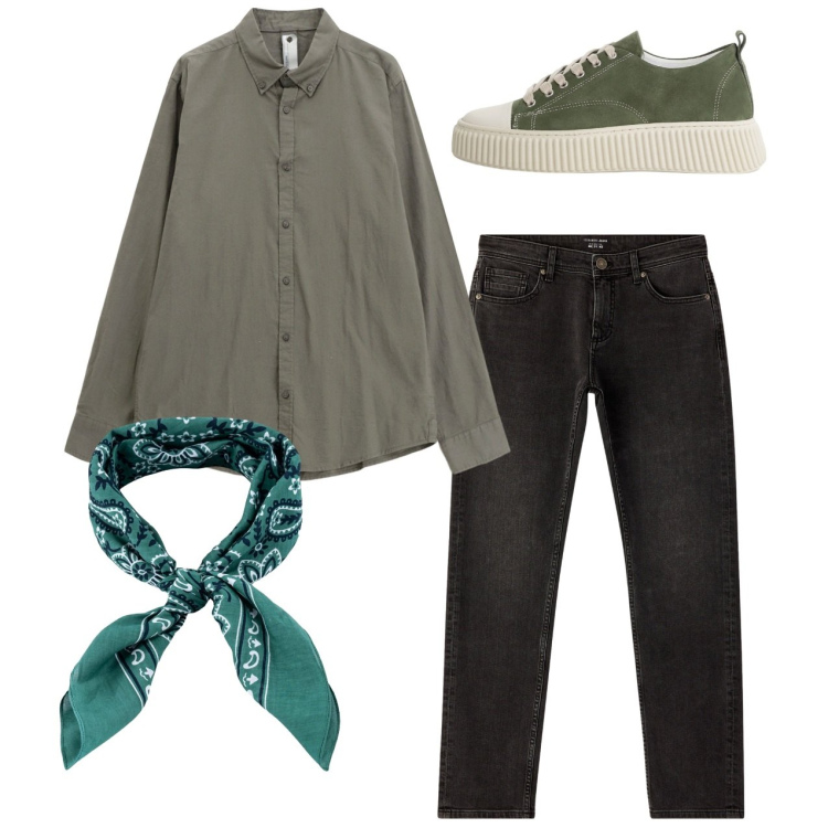 Outfit uomo - Total look verde oliva. Stile Casual per Tutti i giorni. Abbinamento con jeans, camicie, sneakers, sciarpe e foulard.