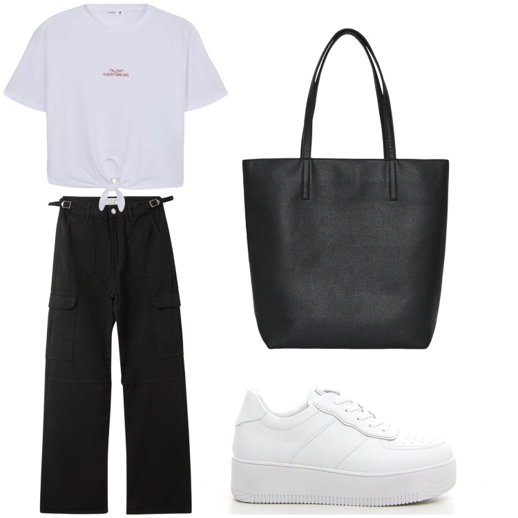 Outfit donna - Aperitivo. Stile Trendy per Tutti i giorni. Abbinamento con borse tote, t-shirt, pantaloni cargo, sneakers.