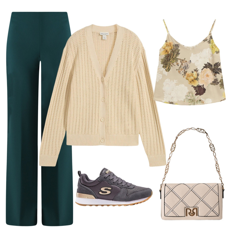 Outfit donna - Everyday. Stile Casual per Tutti i giorni. Abbinamento con sneakers, cardigans, borse a tracolla, pantaloni a palazzo, top.