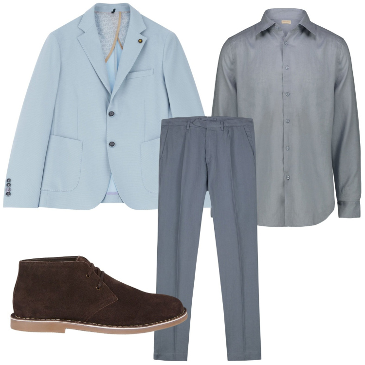 Outfit uomo - Fascino grigio azzurro. Stile Casual per Ufficio. Abbinamento con giacche, camicie, pantaloni, stivali e stivaletti.