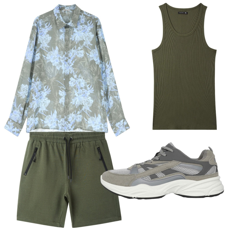 Outfit uomo - La camicia con stampa astratta. Stile Casual per Tutti i giorni. Abbinamento con bermuda, canottiere, sneakers, camicie.