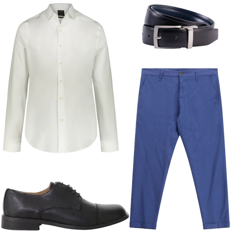 Outfit uomo - Pantaloni blu royal. Stile Casual per Ufficio. Abbinamento con scarpe stringate, pantaloni, camicie, cinture.