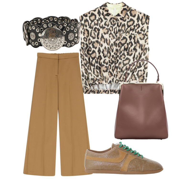 Outfit donna - A piedi in centro. Stile Casual per Tutti i giorni. Abbinamento con cinture, camicie, pantaloni, sneakers, borse a spalla.