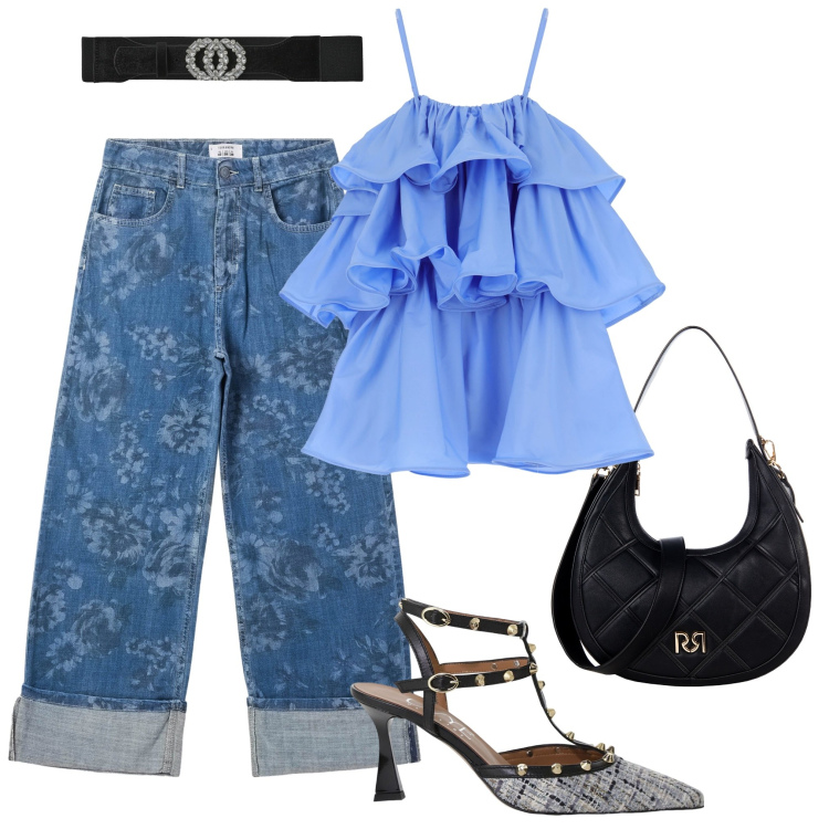 Outfit donna - Il jeans largo e il top a balze. Stile Casual per Tutti i giorni. Abbinamento con jeans dritti, cinture, borse a tracolla, vestiti corti, décolleté.