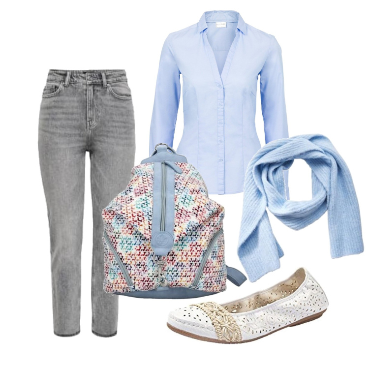 Outfit femme - Août. Style Casual chic pour Bureau. Assortir avec chemisiers, ballerines, sacs à dos, écharpes, jeans.