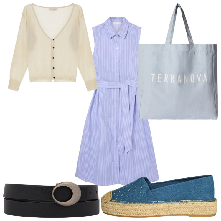 Outfit donna - Giornata in un borgo estivo con le espad. Stile Trendy per Tutti i giorni. Abbinamento con vestiti chemisier, borse tote, espadrillas, cardigans, cinture.