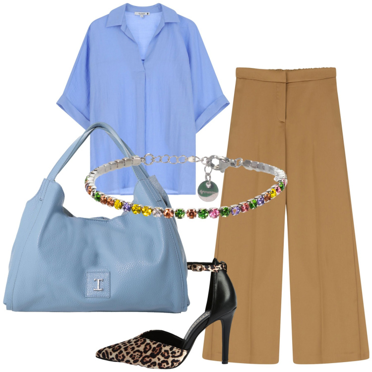 Outfit donna - Chic Office. Stile Urban per Ufficio. Abbinamento con décolleté, camicie a manica corta, pantaloni, pochette, braccialetti.