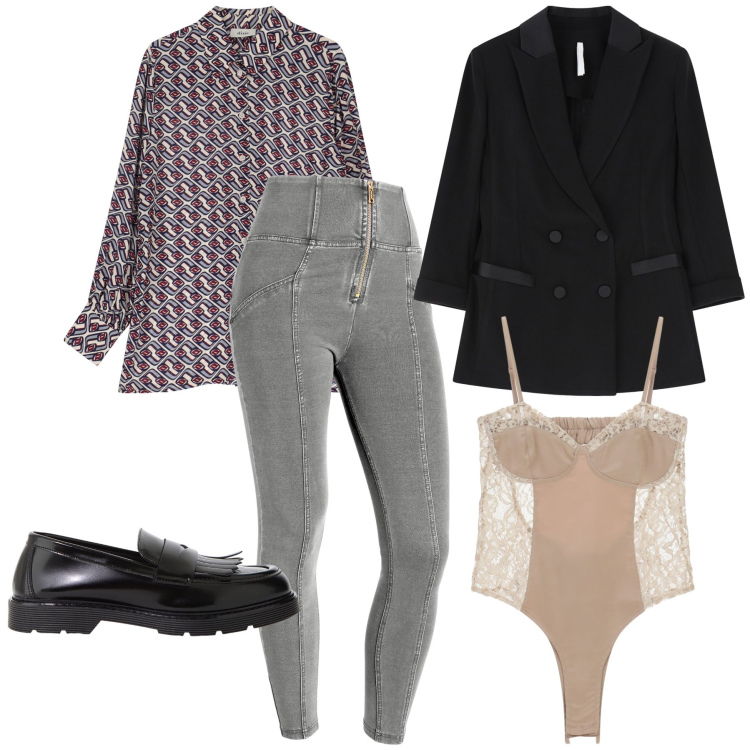 Outfit donna - Intimamente donna. Stile Mannish per Ufficio. Abbinamento con blazer, camicie, mocassini, body, jeggings.