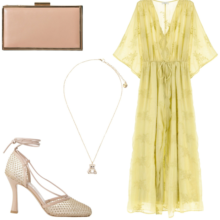 Outfit donna - Sere d \'estate. Stile Chic per Cerimonia. Abbinamento con pochette, ciondoli, vestiti lunghi, décolleté.