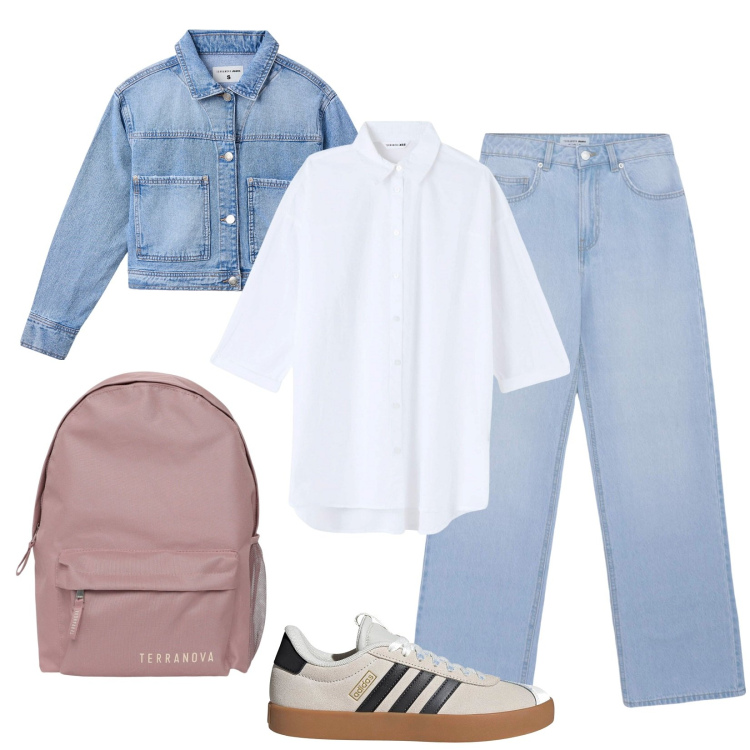 Outfit donna - Total look #2233046. Stile Urban per Scuola/Università. Abbinamento con jeans, zaini, camicie, cappotti, sneakers.