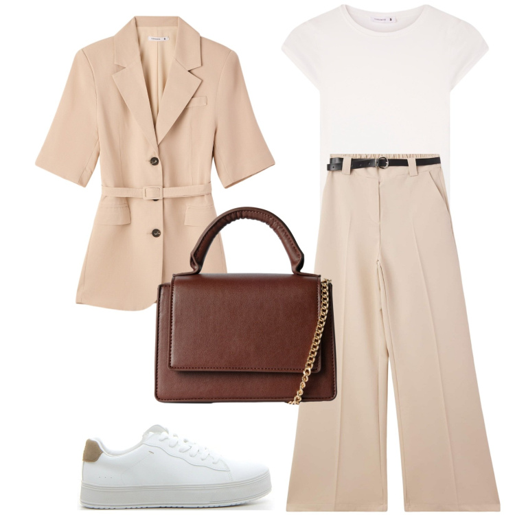 Outfit donna - Back to school. Stile Casual chic per Scuola/Università. Abbinamento con blazer, pantaloni, borse a tracolla, t-shirt, sneakers.
