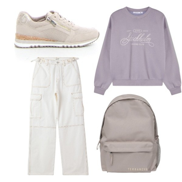 Outfit donna - Total look #2233076. Stile Casual per Scuola/Università. Abbinamento con pantaloni cargo, felpe, zaini, sneakers.