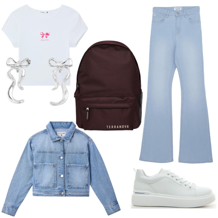 Outfit donna - Primo girno. Stile Basic per Scuola/Università. Abbinamento con orecchini, t-shirt, zaini, cappotti, jeans a zampa, sneakers.