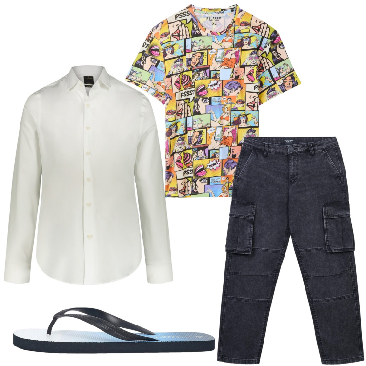 Outfit uomo - T-shirt fumetto. Stile Casual per Tutti i giorni. Abbinamento con sandali, t-shirt, jeans, camicie.
