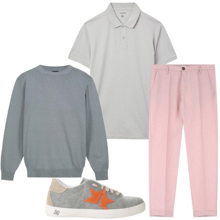 Outfit uomo - Stile confortevole. Stile Casual per Tutti i giorni. Abbinamento con polo, pantaloni, sneakers, maglieria.