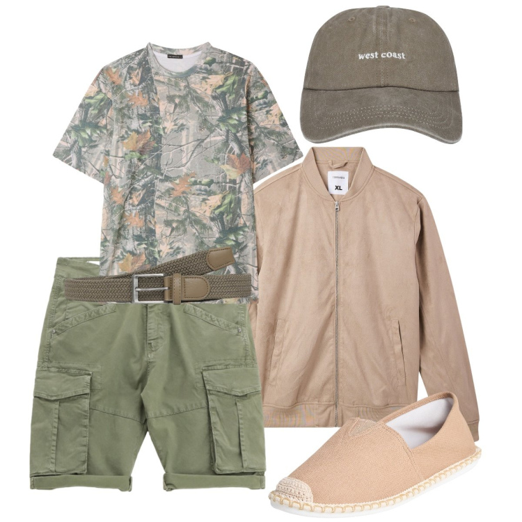 Outfit uomo - Terranova. Stile Casual per Tutti i giorni. Abbinamento con espadrillas, cappelli, bomber, cinture, t-shirt, bermuda.