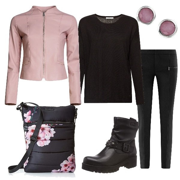 Outfit donna - Fiori di loto. Stile Trendy per Serata fuori. Abbinamento con giacca con zip in ecopelle aderente rosa, stivaletti nero, pantalone con zip aderente nero, borsa a tracolla nero, felpa nero, orecchini a perno in sterling 925 argento e multicolore.