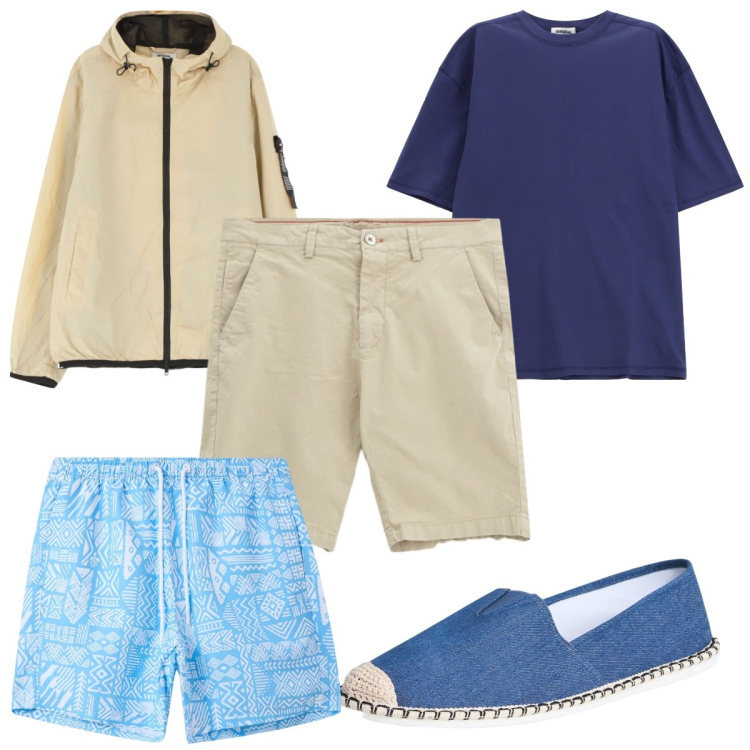Outfit uomo - Un giubbino per le sere d\'agosto. Stile Trendy per Mare. Abbinamento con espadrillas, costumi, giacche, t-shirt, bermuda.