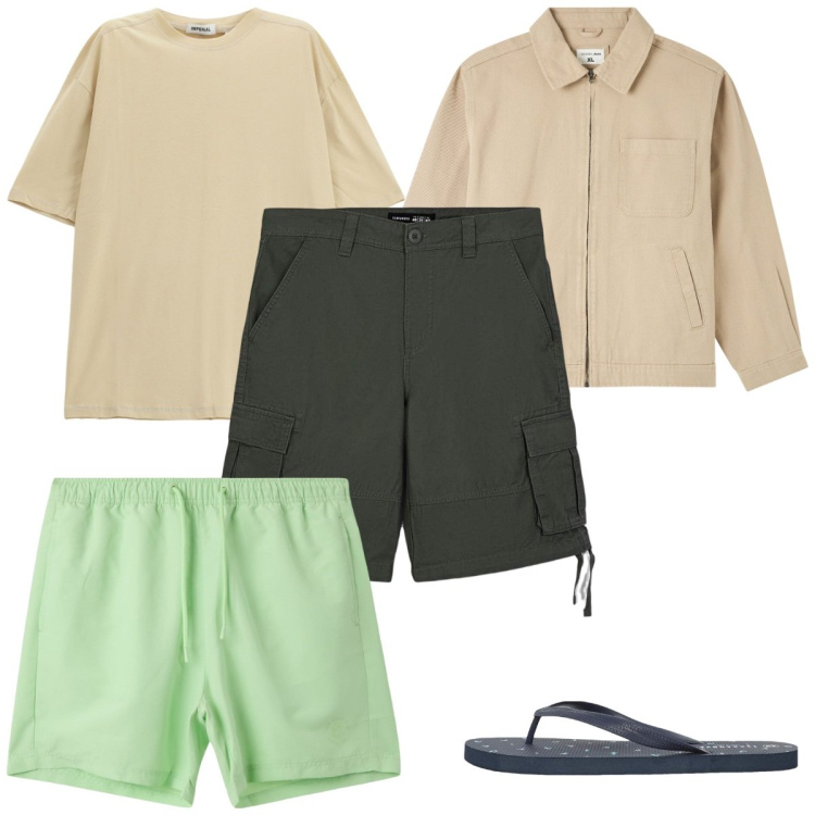 Outfit uomo - Un giubbino in riva al mare. Stile Trendy per Tutti i giorni. Abbinamento con giacche, bermuda, sandali, costumi, t-shirt.