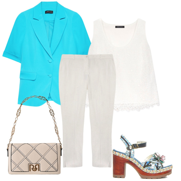 Outfit donna - Turchese. Stile Chic per Tutti i giorni. Abbinamento con borse a tracolla, pantaloni chino, sandali col tacco, top, blazer.