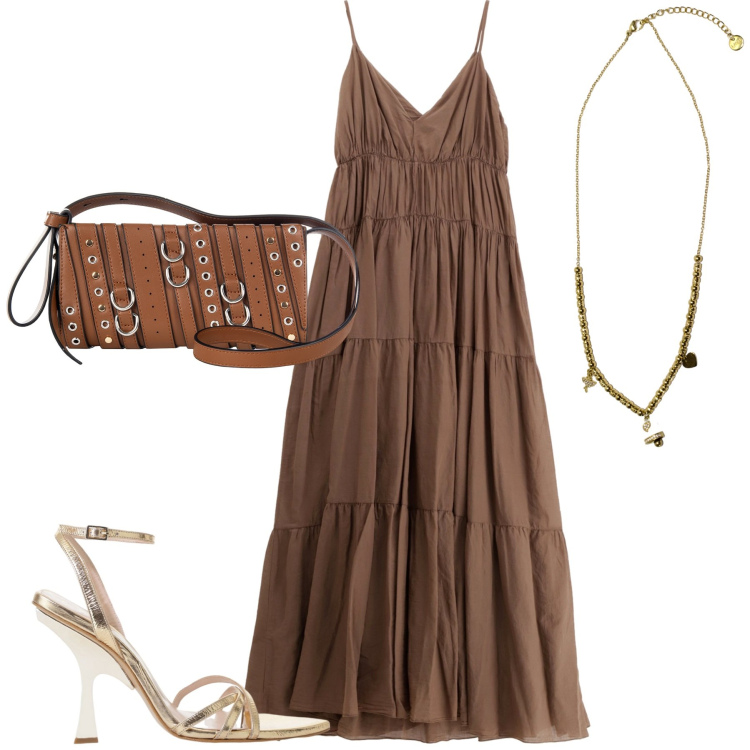 Outfit donna - Abito dixie. Stile Trendy per Tutti i giorni. Abbinamento con borse a spalla, vestiti lunghi, sandali col tacco, ciondoli.