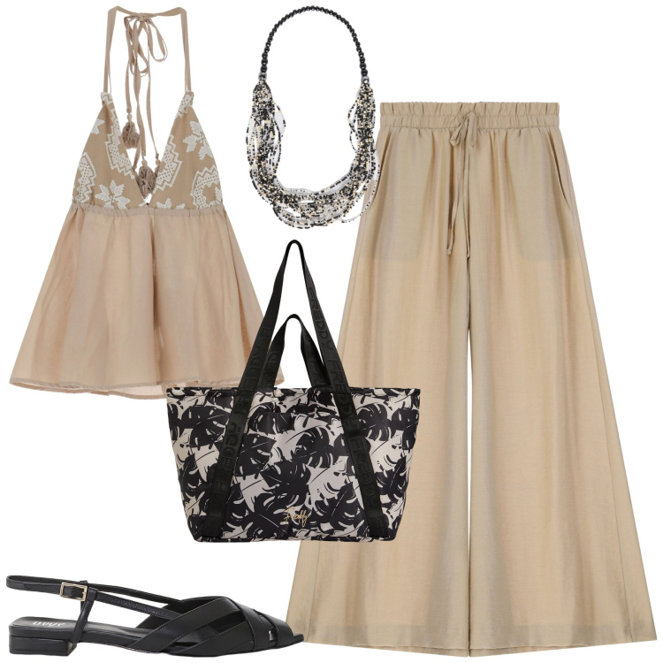 Outfit donna - Total look #2233134. Stile Casual chic per Tutti i giorni. Abbinamento con sandali, top, pantaloni, shopping bag, collane.
