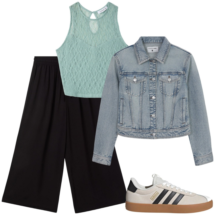 Outfit donna - La campanella suona. Stile Casual per Scuola/Università. Abbinamento con top, pantaloni a palazzo, blazer, sneakers.