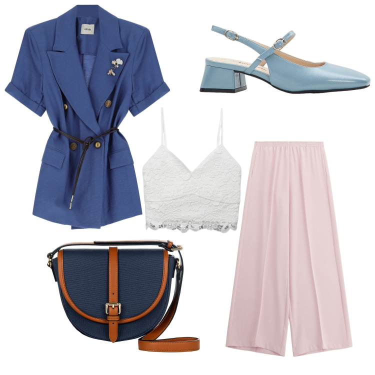 Outfit donna - Chic. Stile Casual chic per Ufficio. Abbinamento con décolleté, canottiere, borse a tracolla, pantaloni, blazer.