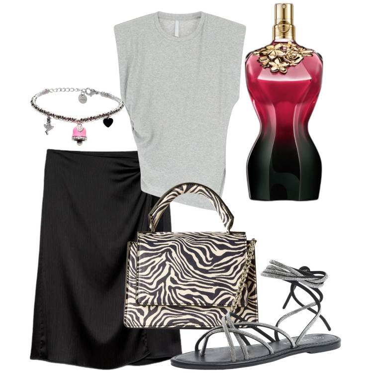 Outfit donna - Serata. Stile Chic per Serata fuori. Abbinamento con profumi, sandali alla schiava, borse a tracolla, top, braccialetti, gonne longuette.