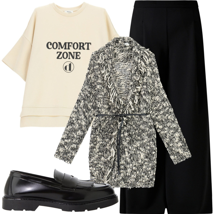 Outfit donna - Total look #2233161. Stile Casual per Scuola/Università. Abbinamento con pantaloni a palazzo, t-shirt, cardigans, mocassini.