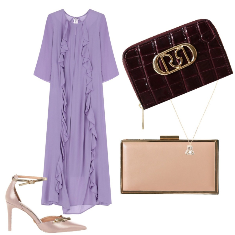 Outfit donna - Seratissima Glamour. Stile Glamour per Serata fuori. Abbinamento con décolleté, portafogli, pochette, ciondoli, vestiti lunghi.