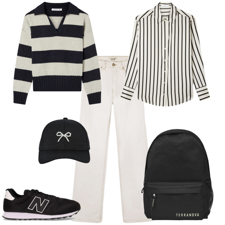 Outfit donna - Total look #2233166. Stile Urban per Scuola/Università. Abbinamento con maglieria, camicie, jeans bootcut, cappelli con visiera, zaini, sneakers.