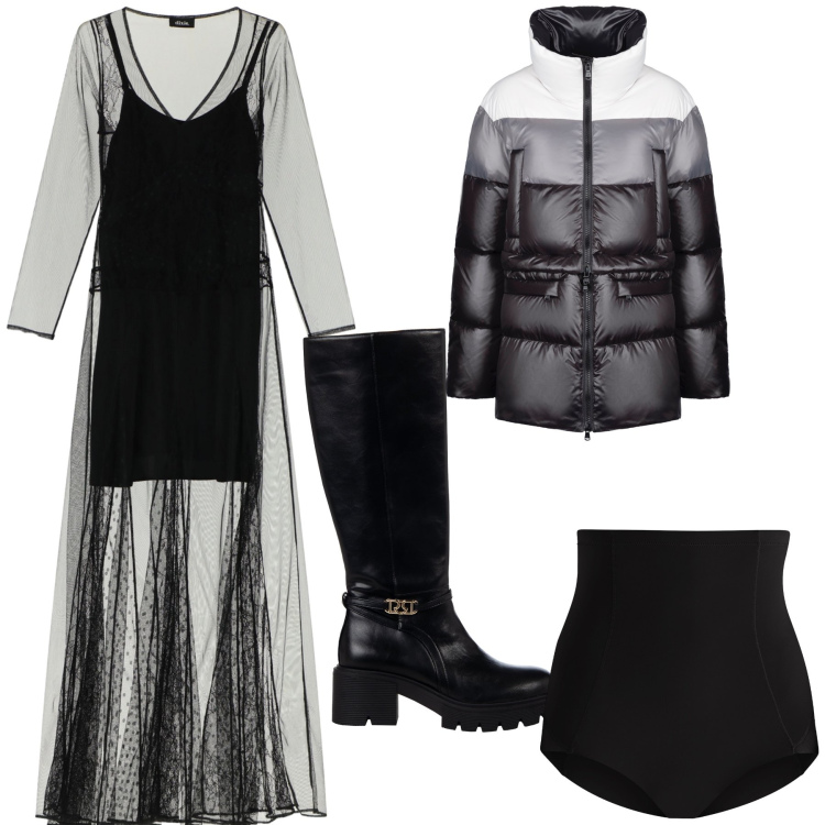 Outfit donna - Sexy al caldo del piumino. Stile Trendy per Serata fuori. Abbinamento con culotte, stivali sopra il ginocchio, vestiti lunghi, piumini.