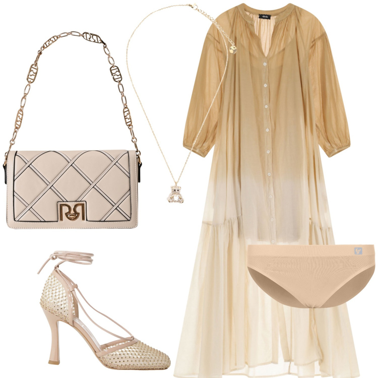 Outfit donna - Invitata ton sur ton. Stile Trendy per Cerimonia. Abbinamento con borse a tracolla, vestiti lunghi, décolleté, culotte, ciondoli.