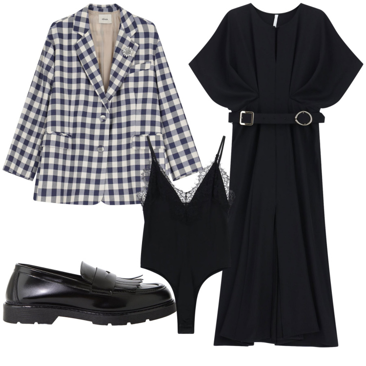 Outfit donna - Scarpe maschili body femminile. Stile Basic per Ufficio. Abbinamento con vestiti lunghi, blazer, body, mocassini.